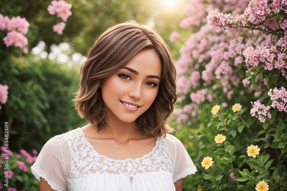 Happy woman with beautiful hair on the background of a blooming garden. Generative AI. Happy woman with beautiful hair on the background of a blooming garden. Generative AI.