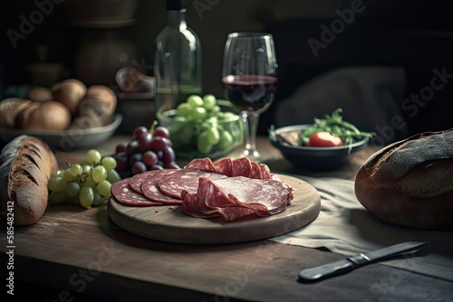Fresh Italian salami, bread and red wine and salad on the table Generative AI