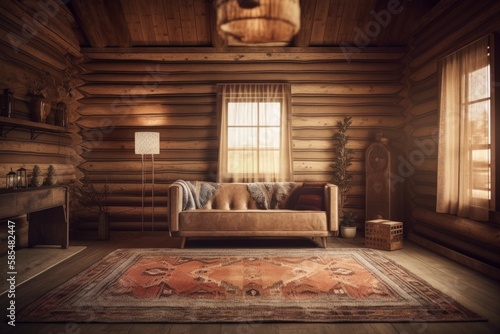 Log cabin living room  blurred. Carpet  fabric sofa  windows. Frame mockup  farmhouse interior . Generative AI