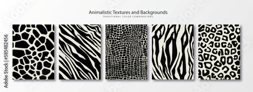 Set of animalistic backgrounds with the textures of zebra skin, leopard and reptile