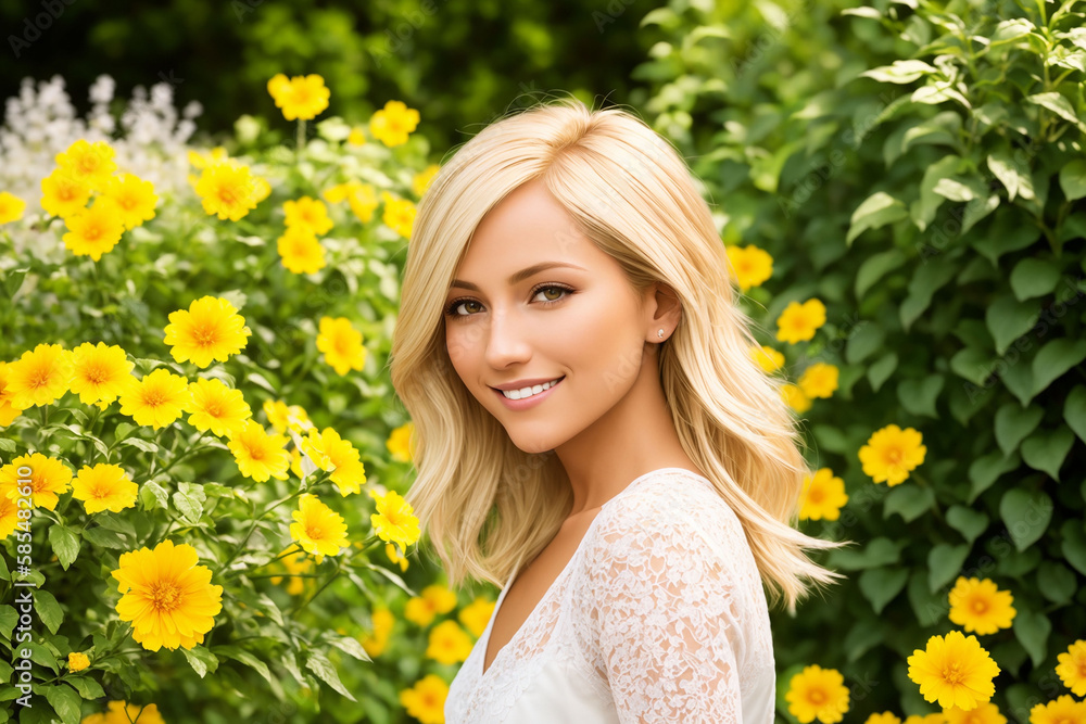 Happy woman with beautiful hair on the background of a blooming garden. Generative AI. Happy woman with beautiful hair on the background of a blooming garden. Generative AI.