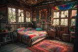 Hippie style wooden room with colorful blanket covered bed. Dreamcatcher, baldachin. Generative AI