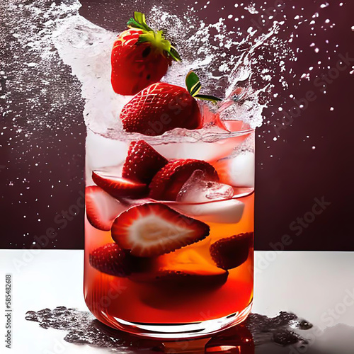 amazing summer strawberry cocktail isolated created image by ai.fresh fruit falling in water glass splashing drops teasy delicious beverage.hot warm summer days refreshing drink mockup advertising  photo