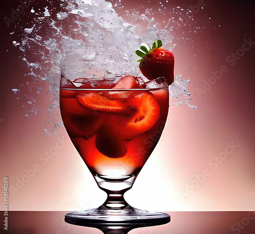 amazing summer strawberry cocktail isolated created image by ai.fresh fruit falling in water glass splashing drops teasy delicious beverage.hot warm summer days refreshing drink mockup advertising  photo