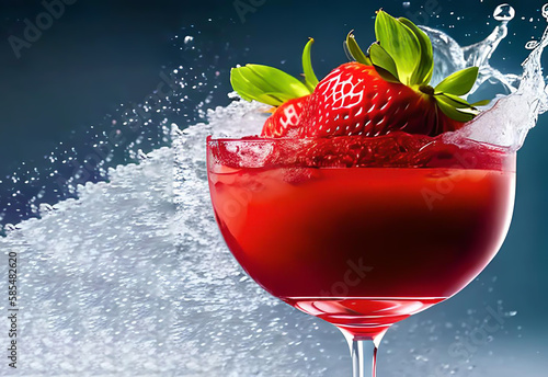 amazing summer strawberry cocktail isolated created image by ai.fresh fruit falling in water glass splashing drops teasy delicious beverage.hot warm summer days refreshing drink mockup advertising  photo