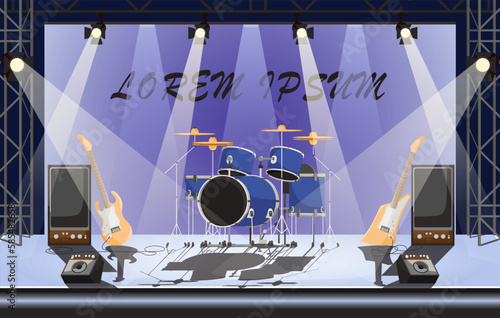Empty stage with rock instruments. Nobody on metal music concert in club with spotlights. Scene with acoustic audience with electric guitar, drum kit and speakers. Nightclub show. Vector illustration