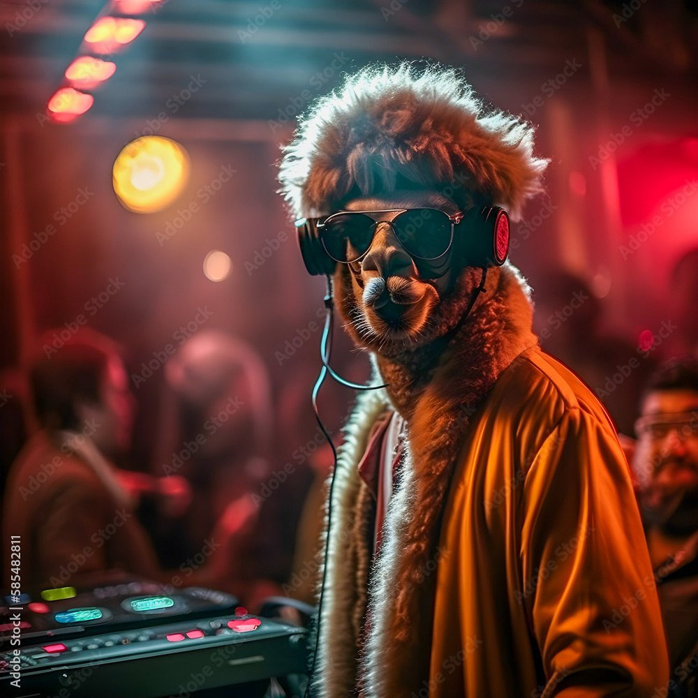 Dj Lama on saturday night, disco style background, antrophomorfic animals, Generative AI Dj Lama on saturday night, disco style background, antrophomorfic animals, Generative AI