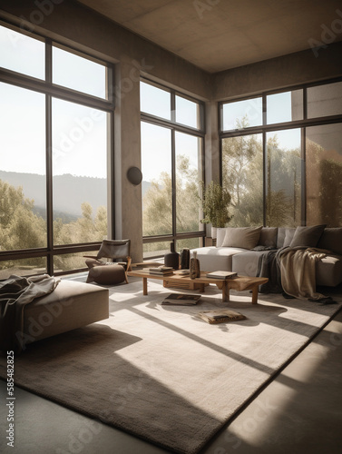 Modern living room with incredible view Generative AI