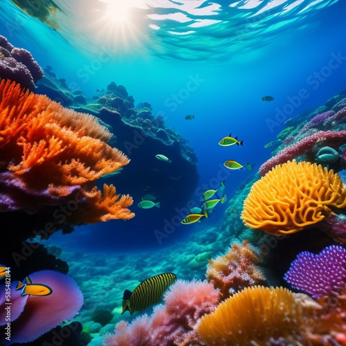 A panoramic view of a vibrant coral reef  with a variety of colorful fish and other marine life swimming in the clear blue water.