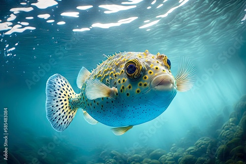 Floating in clear seawater puffer fish with bulging eyes, created with generative ai