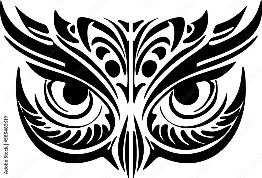 ﻿Tattoo of an owl's face in black and white with Polynesian designs.