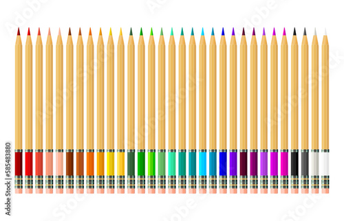 Set of realistic colorful pencils. Colored pencils isolated on white background. Template design for presentation, publications, education. Vector illustration.