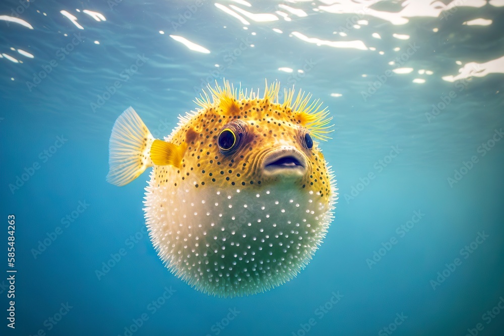 Balloon-like puffer fish with sharp spikes in illuminated water