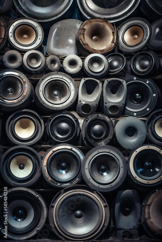 Generative AI image background of a large stack of wooden vintage music audio speakers.