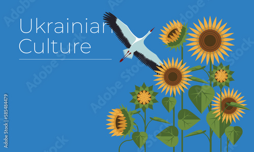 a stork flies under sunflowers in the blue sky. Ukrainian traditional symbol of freedom and independence. Flat poster design. Geometric style.