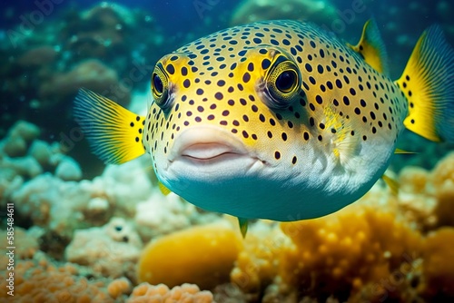 Dangerous owl of underwater world puffer fish with spotted skin, created with generative ai