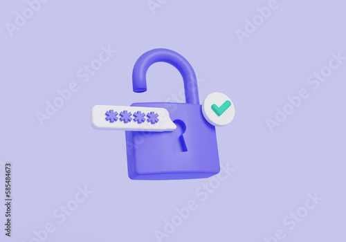 Purple padlock with password and approved icon. Data protection, private access icon, password security access, privacy protection, personal information. Security concept. 3d rendering illustration