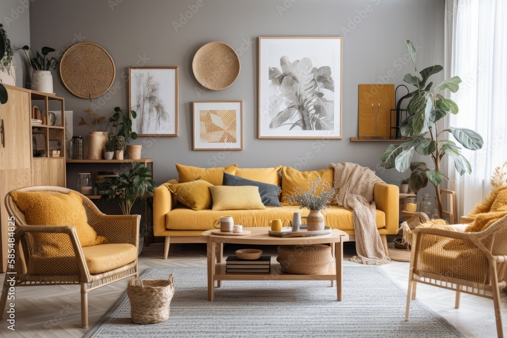 Fototapeta premium Contemporary boho apartment living room with gray couch, honey yellow cushions and plaid, plants, artworks, rattan basket, and design personal accessories. Interior design. Template. Generative AI