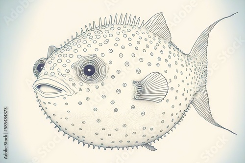 Pattern with round spiked puffer fish isolated on white background, created with generative ai