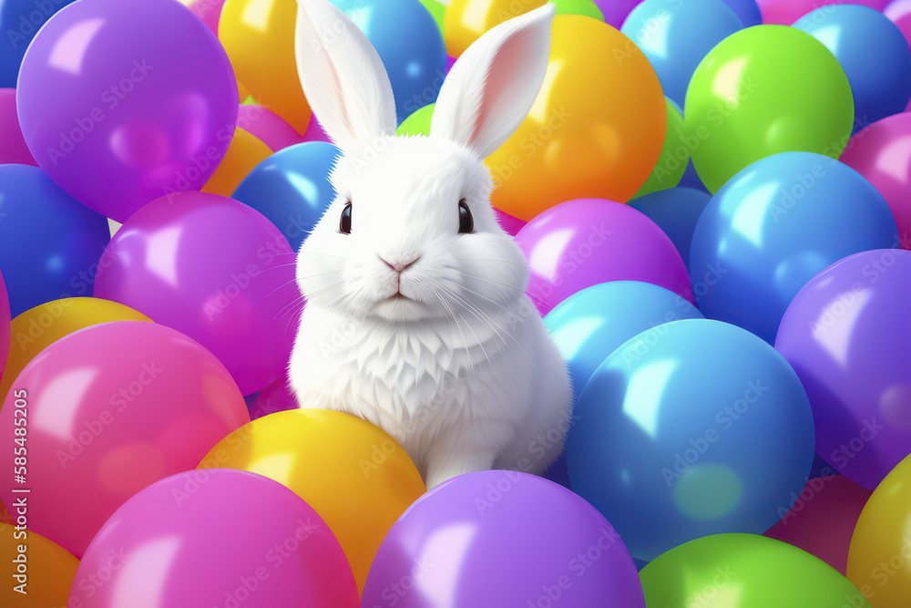 Cute white eared rabbit sits surrounded by colorful balloons. Birthday party. Baby gift generative ai illustration. Cute white eared rabbit sits surrounded by colorful balloons. Birthday party. Baby gift generative ai illustration.