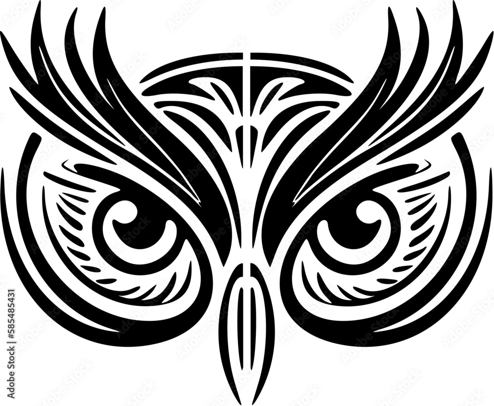 ﻿Black and white owl tattoo featuring Polynesian style patterns.