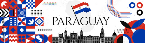 The Paraguay Independence Day abstract banner design with flag and map. Flag color theme geometric pattern retro modern Illustration design. red, white and blue color template. photo