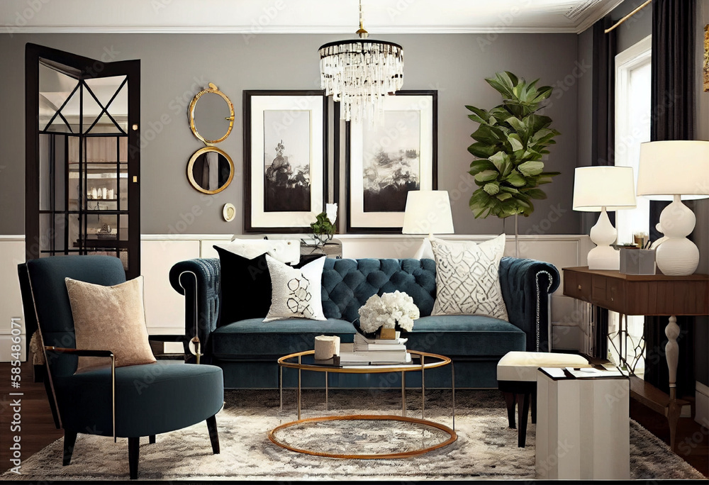 Fototapeta premium Interior design of a transitional living room that combines traditional and modern design elements using classic furniture pieces, modern decor, and a mix of textures and patterns | Generative AI