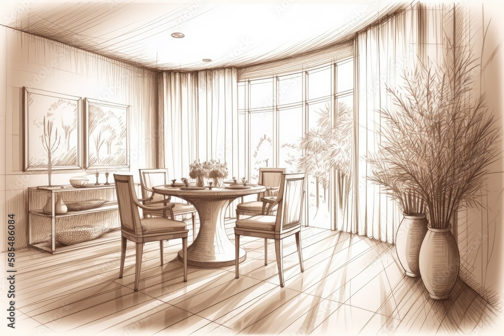A drawing becomes a beige toned modern classic dining room with a blank horizontal poster next to huge spikelets, rattan seats around a circular table, and drapes near the balcony entrance. Generative
