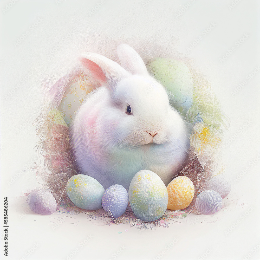 Easter bunny and Easter eggs on a white background. Vector illustration style made with generative artificial intelligence.
