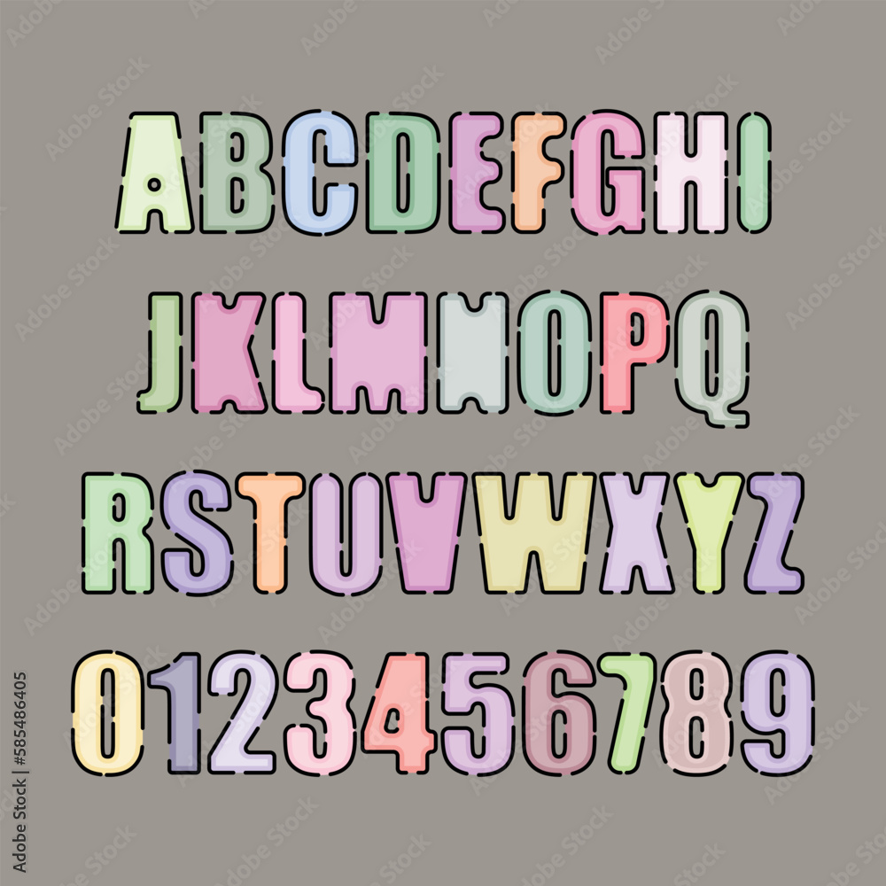 Set of colorful alphabet capital letters and numbers. Creative cute font line art design on grey background. 