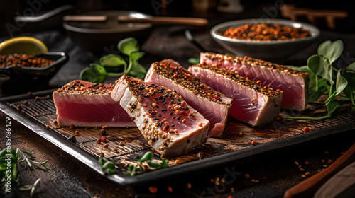 Japanese cuisine. Fried tuna sprinkled with herbs and spices on a metal tray. Created using Generative AI technology.