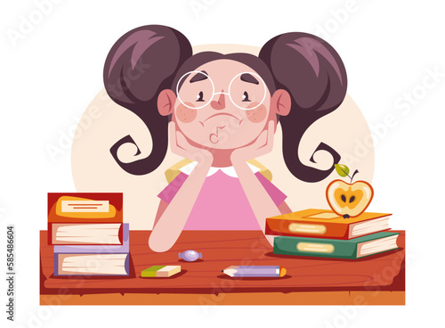 Children sad boring student child sitting in school desk classroom concept. Vector graphic design illustration