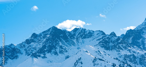 natural landscape with distant snowy mountain range blue in atmospheric haze