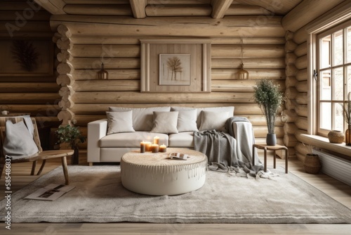 Bleached and beige log cabin living room, front view. Frame mockup, fabric sofa with cushions. Farmhouse decor,. Generative AI