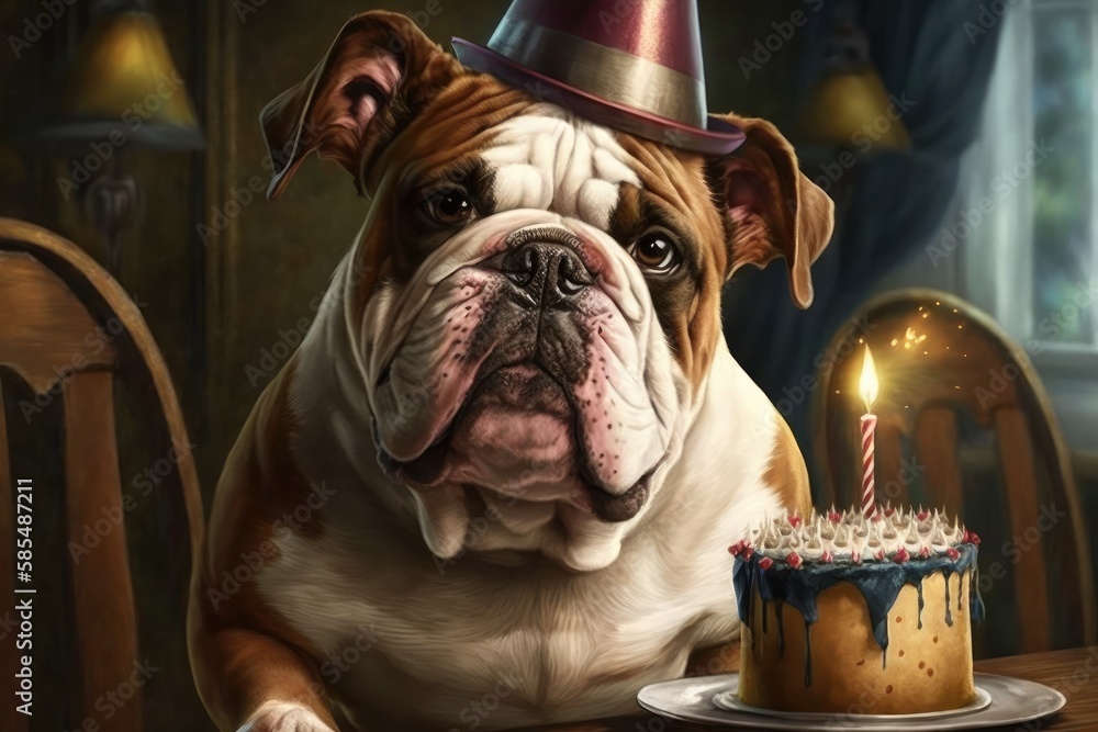 Dog birthday party. Funny cute dog wearing birthday silly hat.
