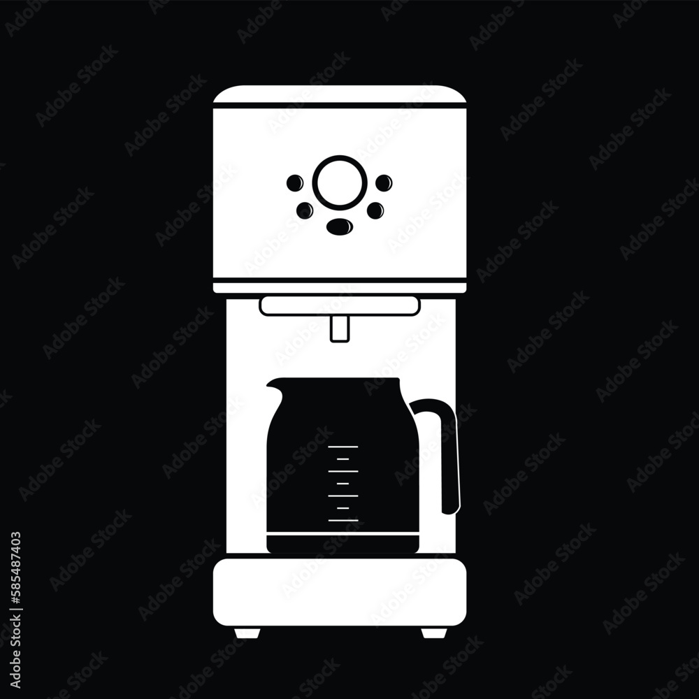 Coffee maker flat silhouette vector isolated on black background. Electric cooking utensil silhouette icon. Black and white icon for web, tag, label. Kitchen gadget, appliance, device, kitchenware Coffee maker flat silhouette vector isolated on black background. Electric cooking utensil silhouette icon. Black and white icon for web, tag, label. Kitchen gadget, appliance, device, kitchenware