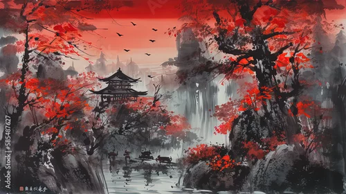 Obraz japanese landscape ink wallpaper