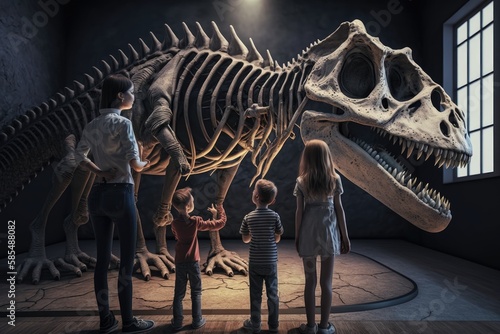 Family visiting history museum and looking at dinosaur bone structure © Tixel