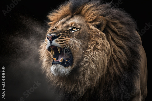As the lion lets out a deafening roar  its powerful jaws open wide  revealing its razor-sharp teeth and sending chills down the spines of nearby animals. Generative Ai