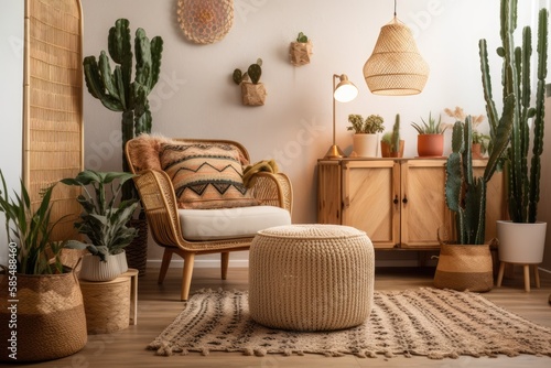 Vertical shot of contemporary home lounge area with pleasant interior design, comfy wicker chair, cushions, plaid, carpet, copy space on wall, and cactus plants in baskets. Generative AI