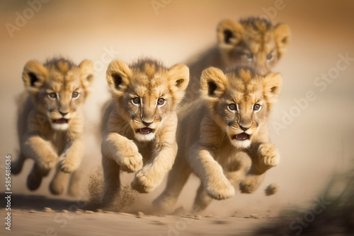 As the lion cubs play together, their soft, fluffy fur bounces with each energetic movement, and their adorable antics. Generative Ai bring joy to all who witness them. © TeacherPhoto
