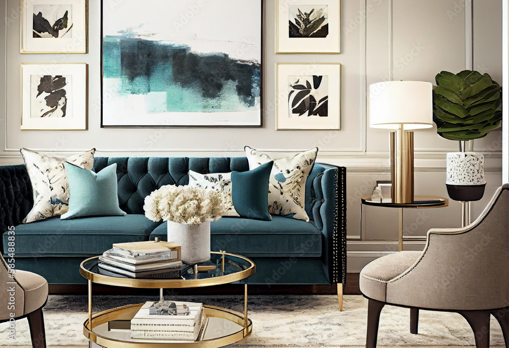 Interior design of a chic and sophisticated living room using rich ...
