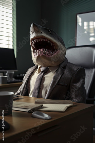 Business man with a shark head. corporate mogul with a shark head. AI generated content photo