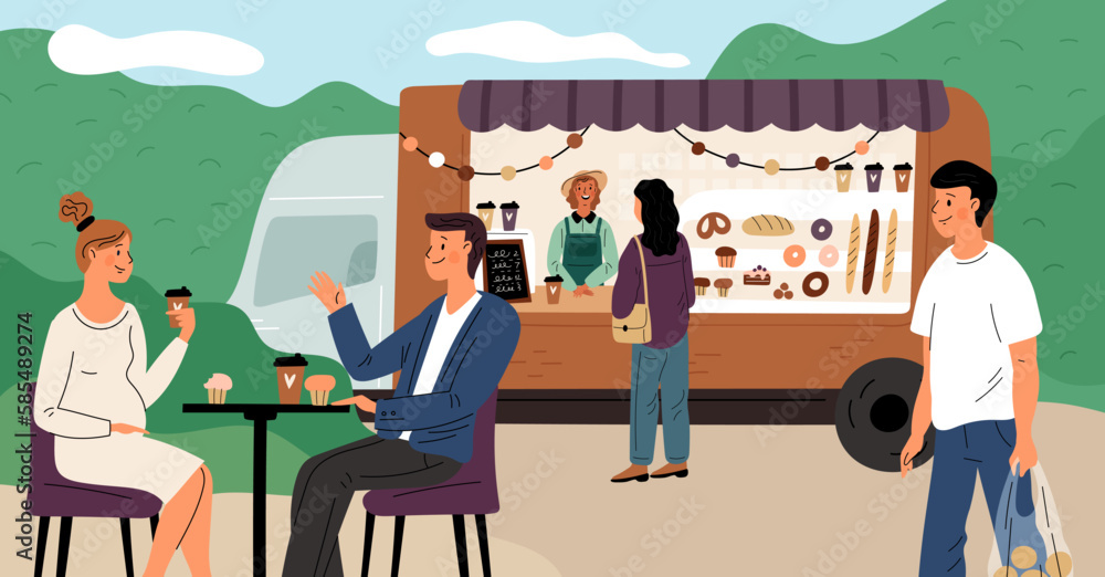 Bakery shop. Happy people tasting fresh pastries. Open cafe. Small food track. Couple enjoying coffee or cupcakes at table. Vendor selling snacks. Outdoor van store. Garish vector concept Bakery shop. Happy people tasting fresh pastries. Open cafe. Small food track. Couple enjoying coffee or cupcakes at table. Vendor selling snacks. Outdoor van store. Garish vector concept