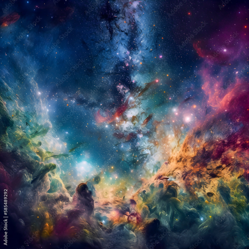 Galaxy with stars, planets, and other celestial bodies, vibrant and colorful, Generative AI