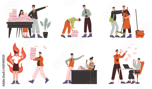 Angry chief. Boss yelling at employees. Stressful workflow. Tense atmosphere. Abusive work relationship. Furious manager in fire. Exhausted workers. Vector office conflict situations set