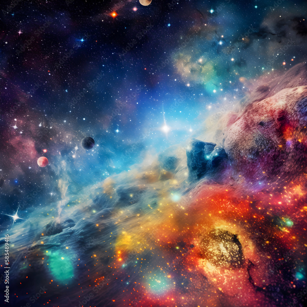 Galaxy with stars, planets, and other celestial bodies, vibrant and colorful, Generative AI