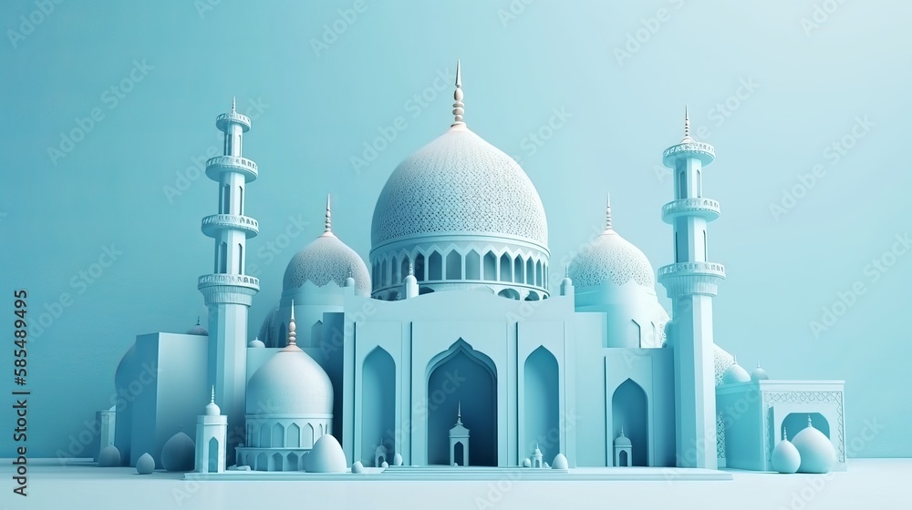 3d blue pastel mosque background - Generative AI