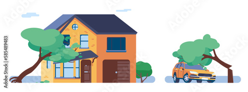 Broken tree fell on car. Trunk collapsed on house and destroyed it. Crashed residential building window and roof. Damaged automobile. Natural disaster. Property insurance vector set