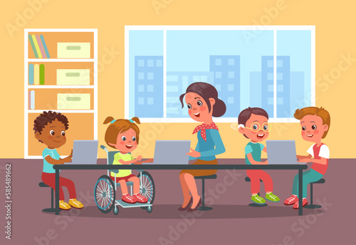 Disability kids school. Teacher at computer lesson with children. Girl in wheelchair. Boy with hearing aid. Woman teaching students. Classmates in classroom. Splendid vector concept